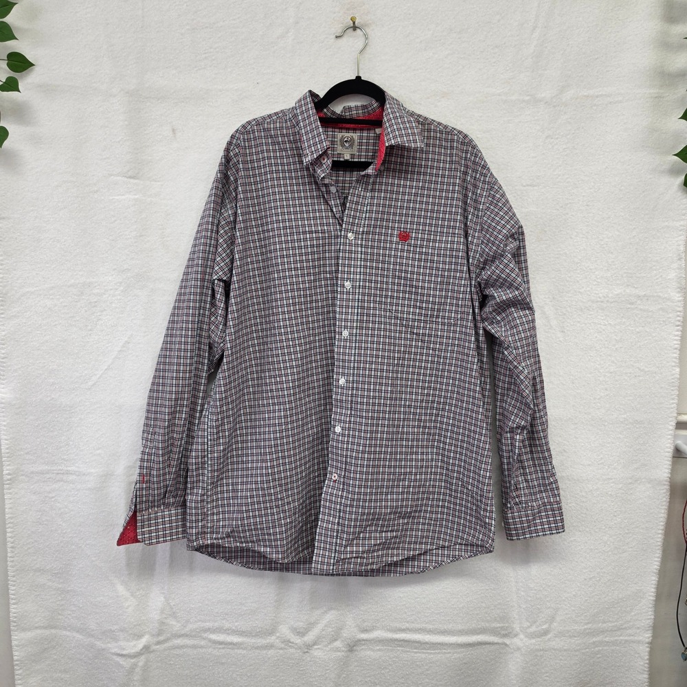 L Cinch Mens Large Plaid Western Button Down Shirt Long Sleeve Red Navy Cotton